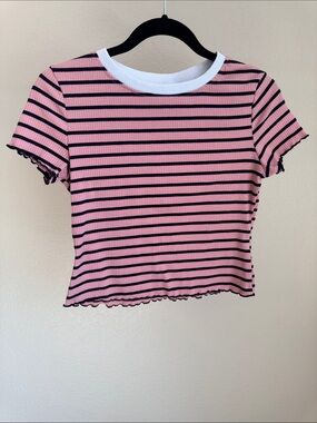 SHEIN Pink and Black Striped Ribbed Crop Top with White Collar